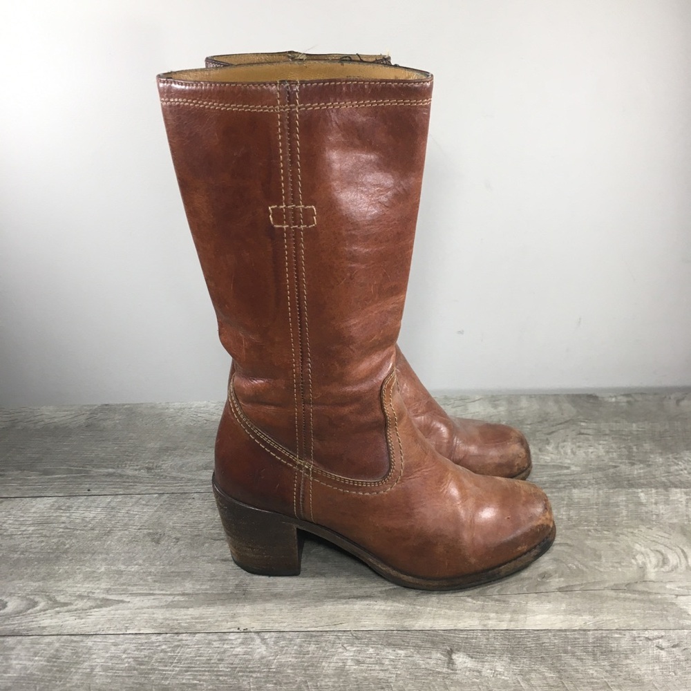 Frye 75430 Campus Saddle Cognac Leather Pull On Western Women’s Chunky Boots 7 B